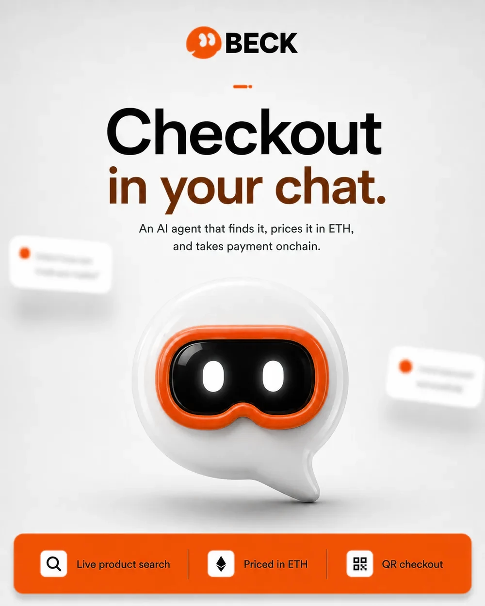 Ollie brand poster: a chat bubble character above the line "Checkout in your chat", with live product search, ETH pricing and QR checkout listed underneath.