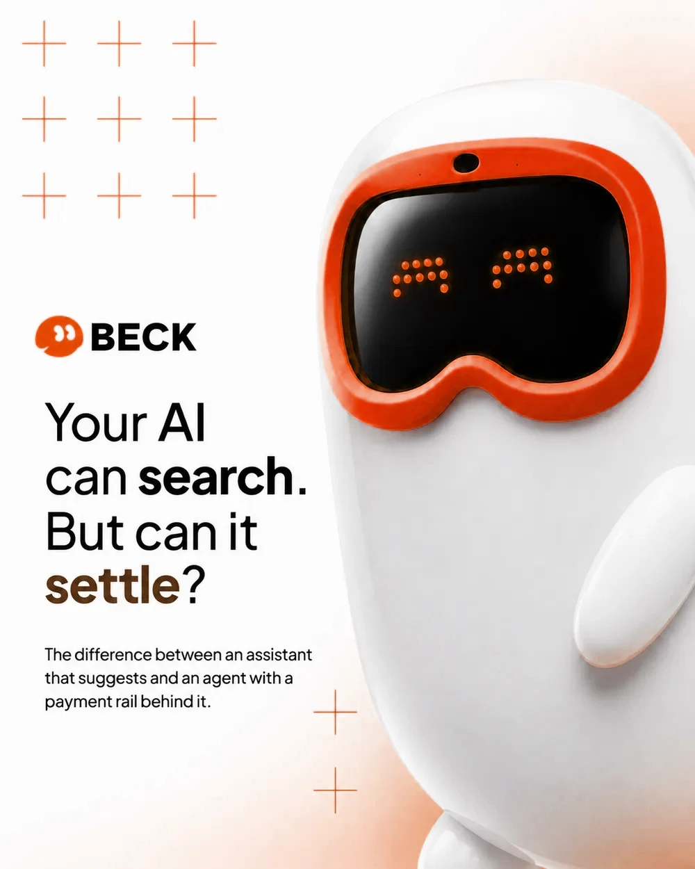 Ollie brand poster reading "Your AI can search. But can it settle?", next to a white robot with orange goggles.