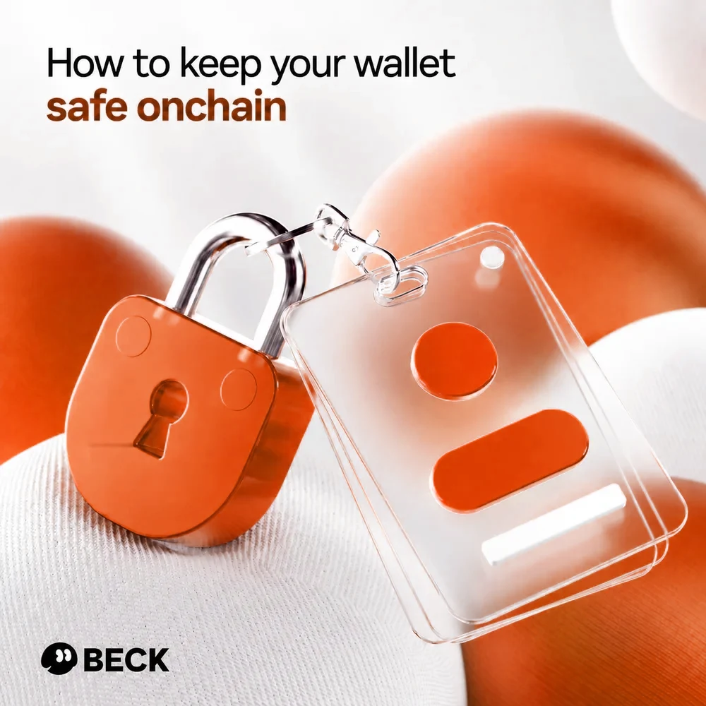 Ollie brand poster reading "How to keep your wallet safe onchain", showing an orange padlock beside a stack of clear glass cards.